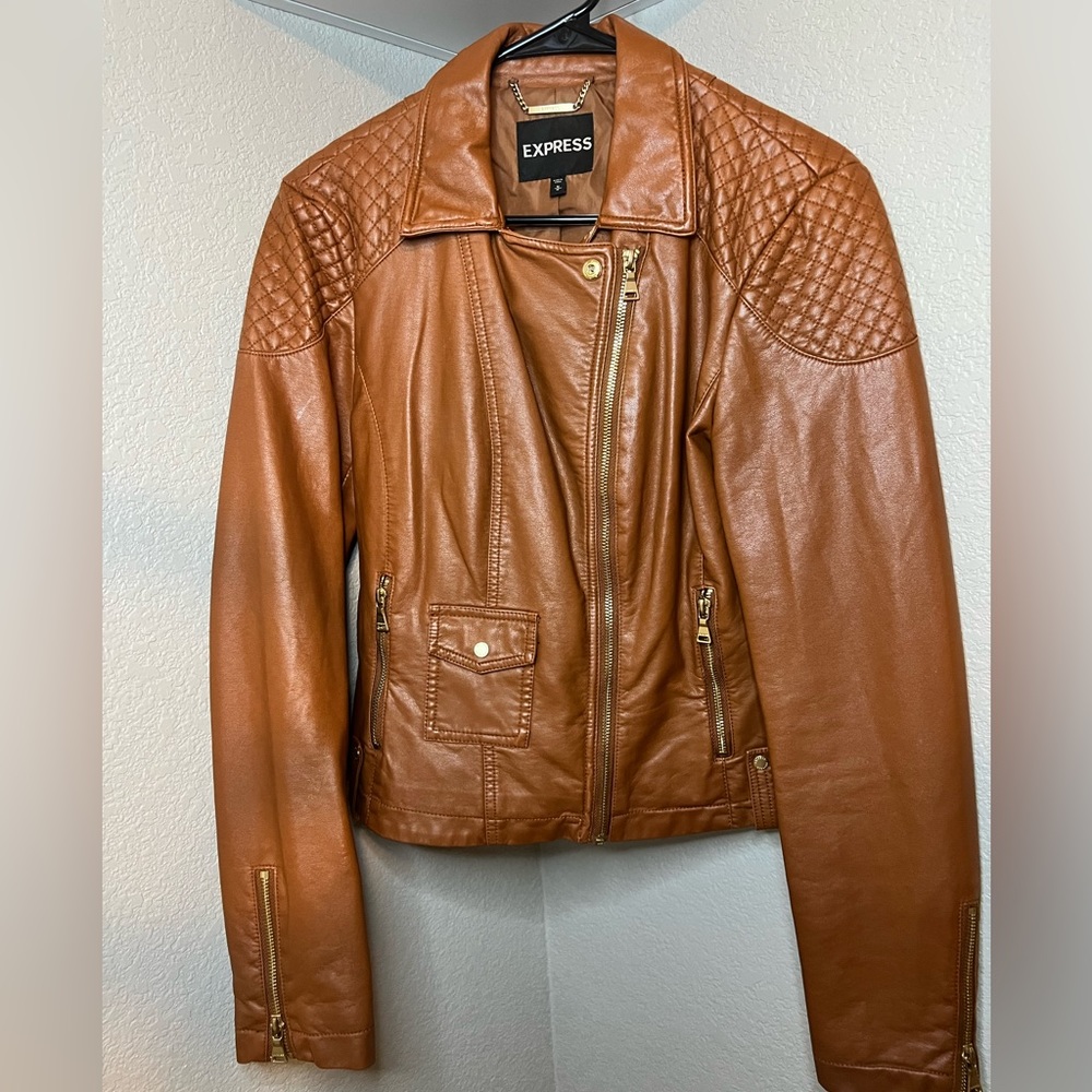 Express vegan leather jacket in warm brown